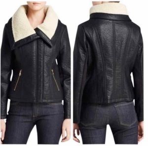 Sam Edelman Caitlyn Black Vegan Leather Aviator Jacket Sherpa Collar Size Small